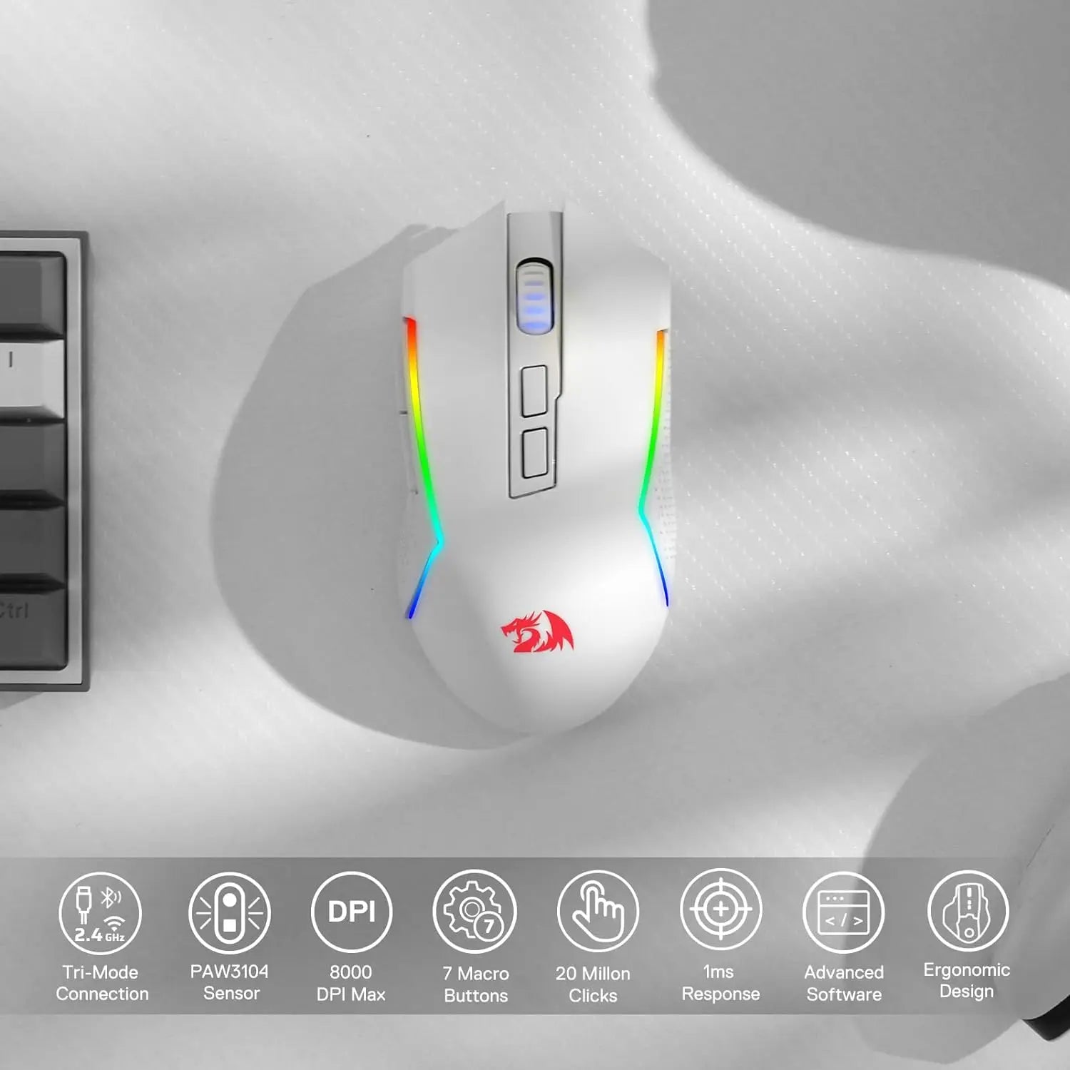 M693 Wireless/Wired BT & 2.4G Bluetooth Gaming 8000 DPI Mouse 3-Mode Connection RGB Backlight for Pc/Mac/Laptop， White